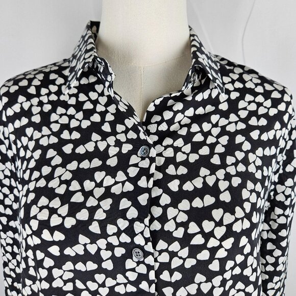 NWT! Equipment Femme Essential Heart Print Silk Shirt Medium B & W Button Down - Picture 3 of 12